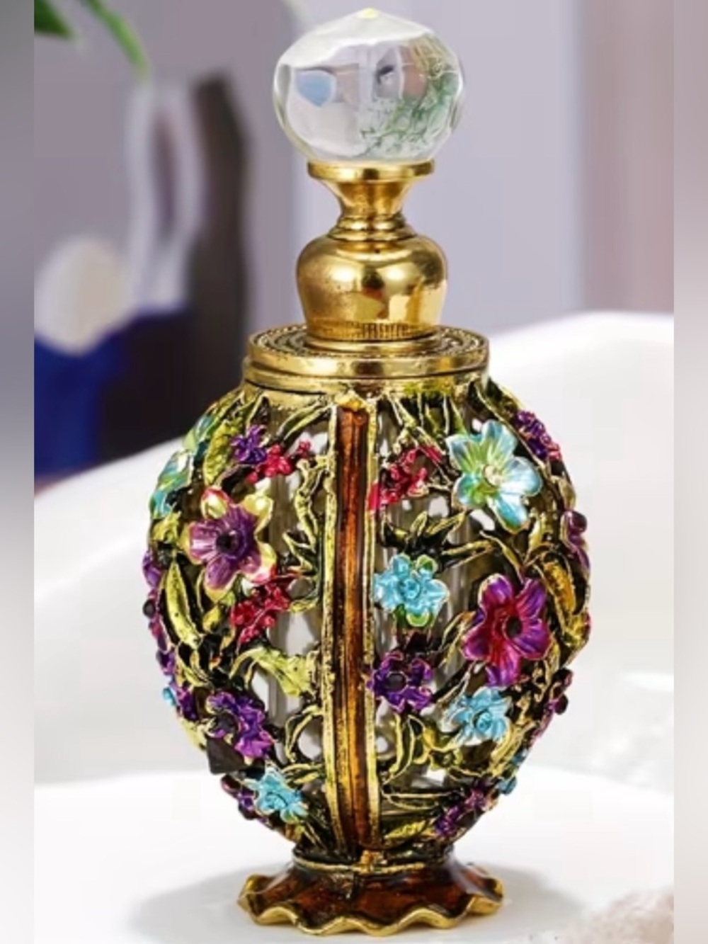 NIB Ornate Antique-Style Gold Floral Miniature Perfume Bottle - Multicolor